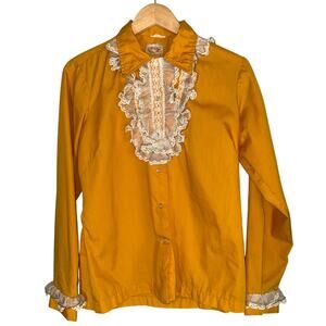Vintage 80s Western Wear Yellow Cowgirl Ruffle Pearl Snap Shirt Womens Medium